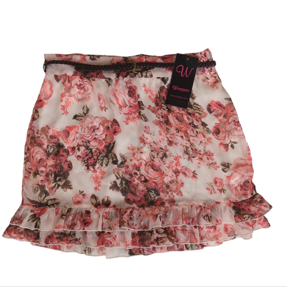NWT Wrapper Sahara Floral Ruffle Lined Skirt w/Braided Belt MEDIUM Pink Coral